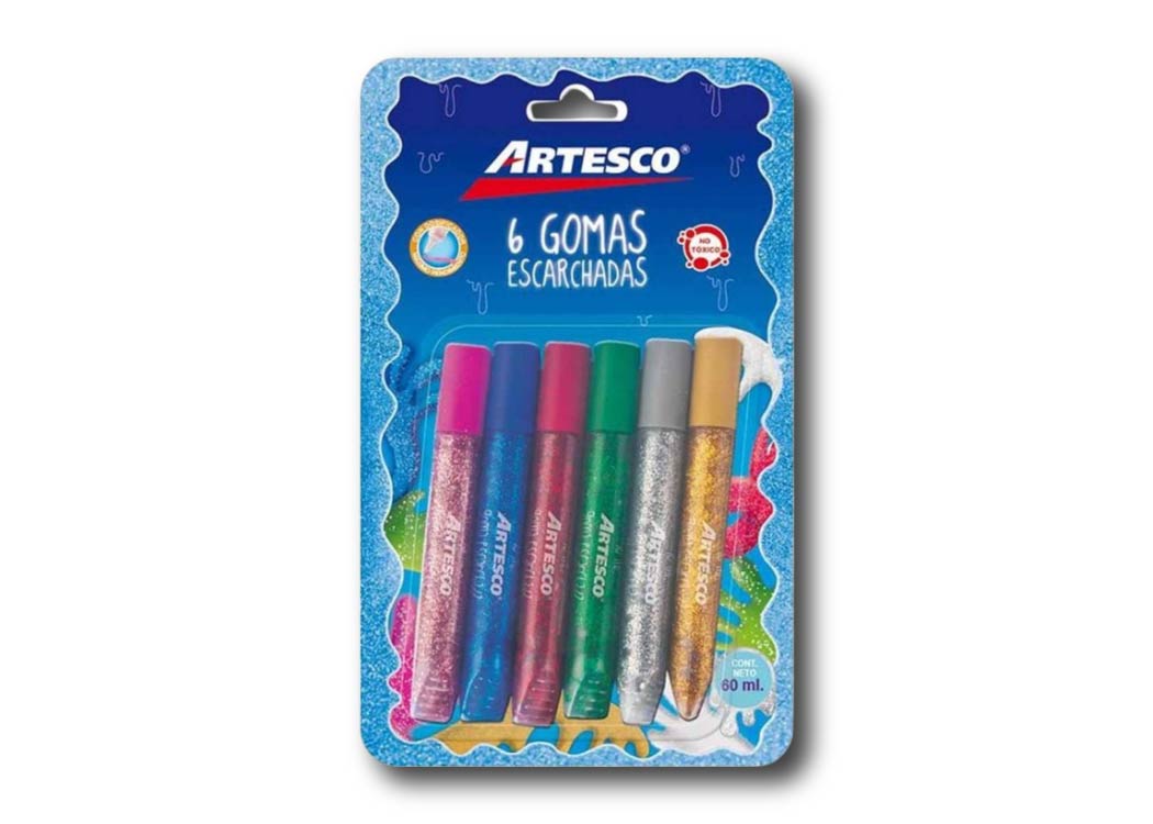 PEGAMENTO GOMA ESCARCHADA BLISTER 6 COL.(ROJO,ROSADO,AZUL,VERDE, PLATA Y DORADO)